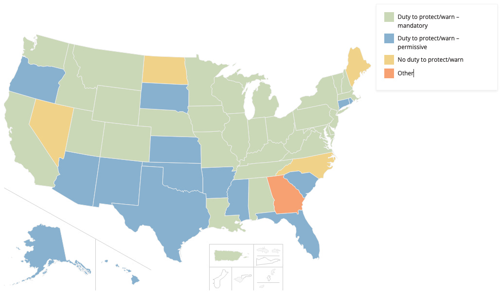 U.S. map showing the states that require duty to warn of mental health professionals when a patient exhibits potential for violence. Only five states don't support this.