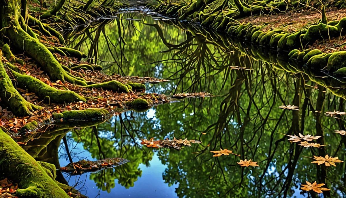 Peaceful river through undergrowth