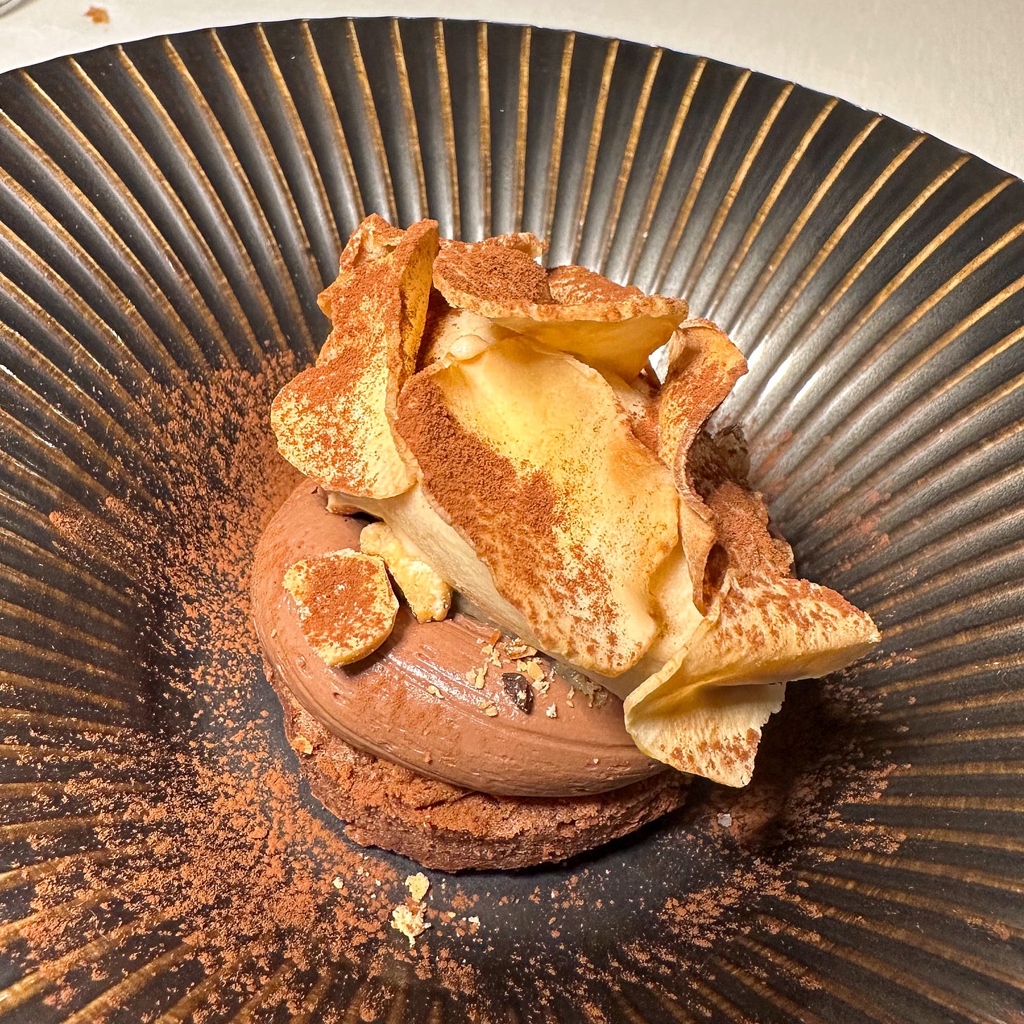 caramelized sunchokes with chocolate mousse and hazelnut ice cream at Amalia restaurant in Paris