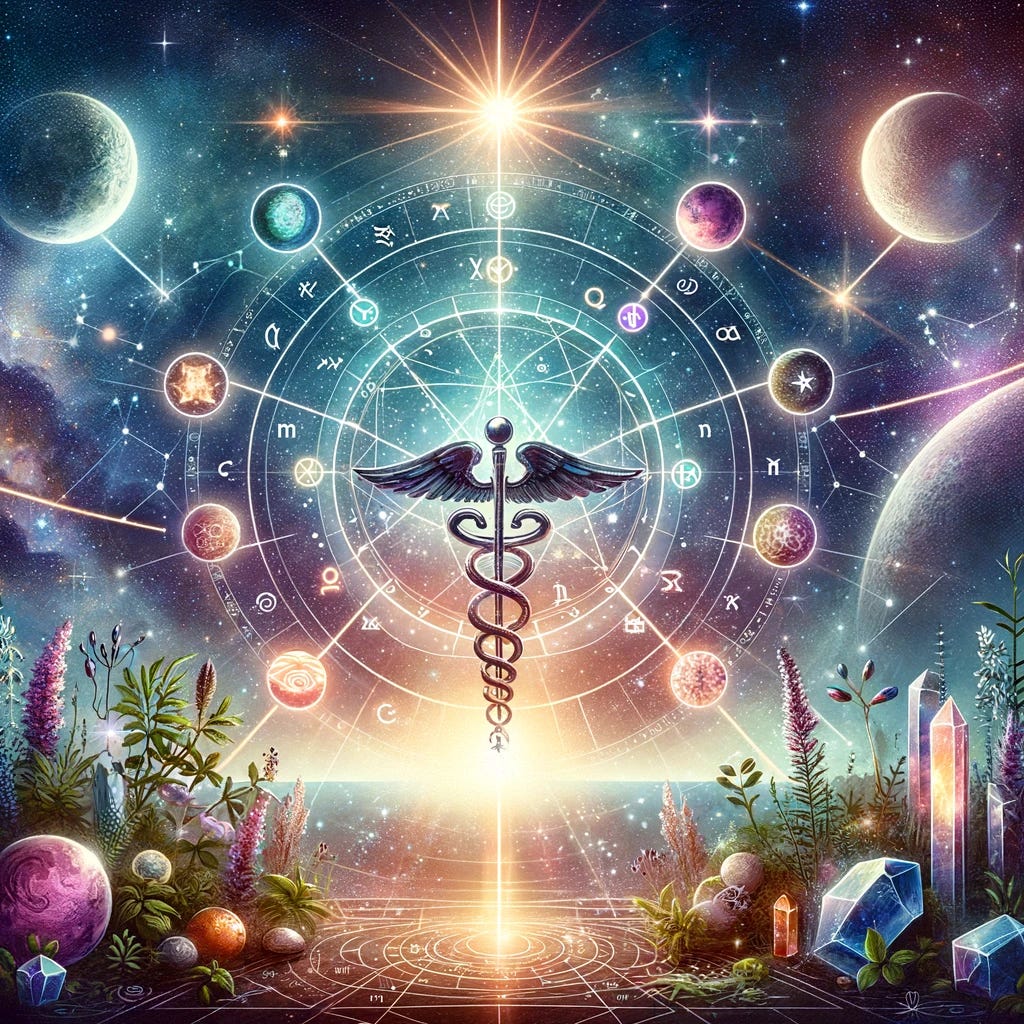 A mystical illustration that visually represents the alignment of planets in the sky, with symbols for healing such as a caduceus, herbs, and crystals, against a backdrop of a night sky filled with stars and constellations. The planets are positioned in harmonious aspects, such as trines and sextiles, with beams of light connecting them, symbolizing beneficial planetary transits for healing spells. The overall atmosphere is serene and powerful, evoking a sense of cosmic harmony and potential for personal transformation and healing.