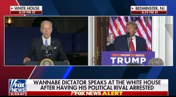 A chyron that refers to President Biden as a &ldquo;wannabe dictator&rdquo; during a Fox News broadcast on Tuesday.