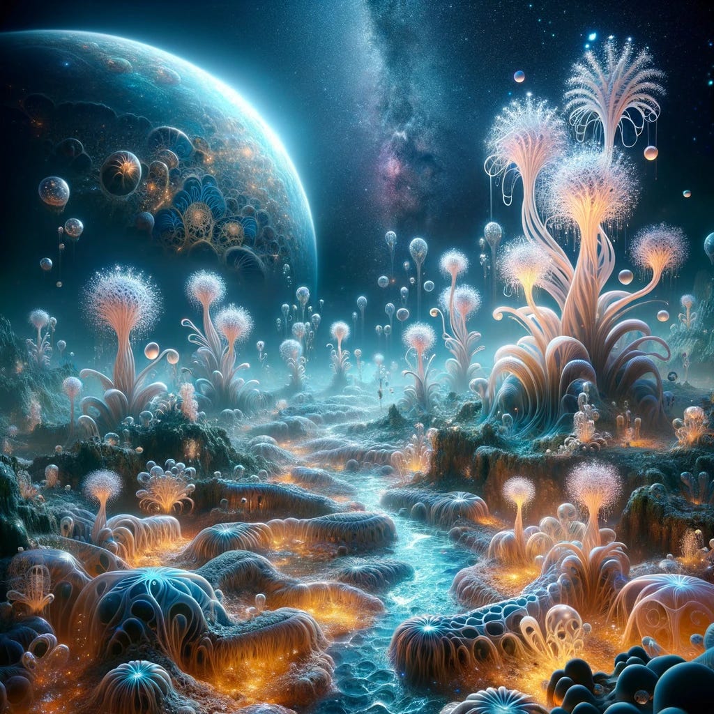 An artistic rendering of 'RNA Planet', a concept where RNA-based life dominates. This image features an ethereal landscape filled with exotic, RNA-like structures that resemble plants and creatures of an alien ecosystem. The planet's terrain is composed of intricate RNA formations, glowing with bioluminescence under a starry sky. Streams and pools of liquid RNA reflect the sky's light, adding to the otherworldly ambiance. This scene aims to capture the imagination and depict the vast potential varieties of life based on RNA, beyond the familiar constraints of Earth-like biology.