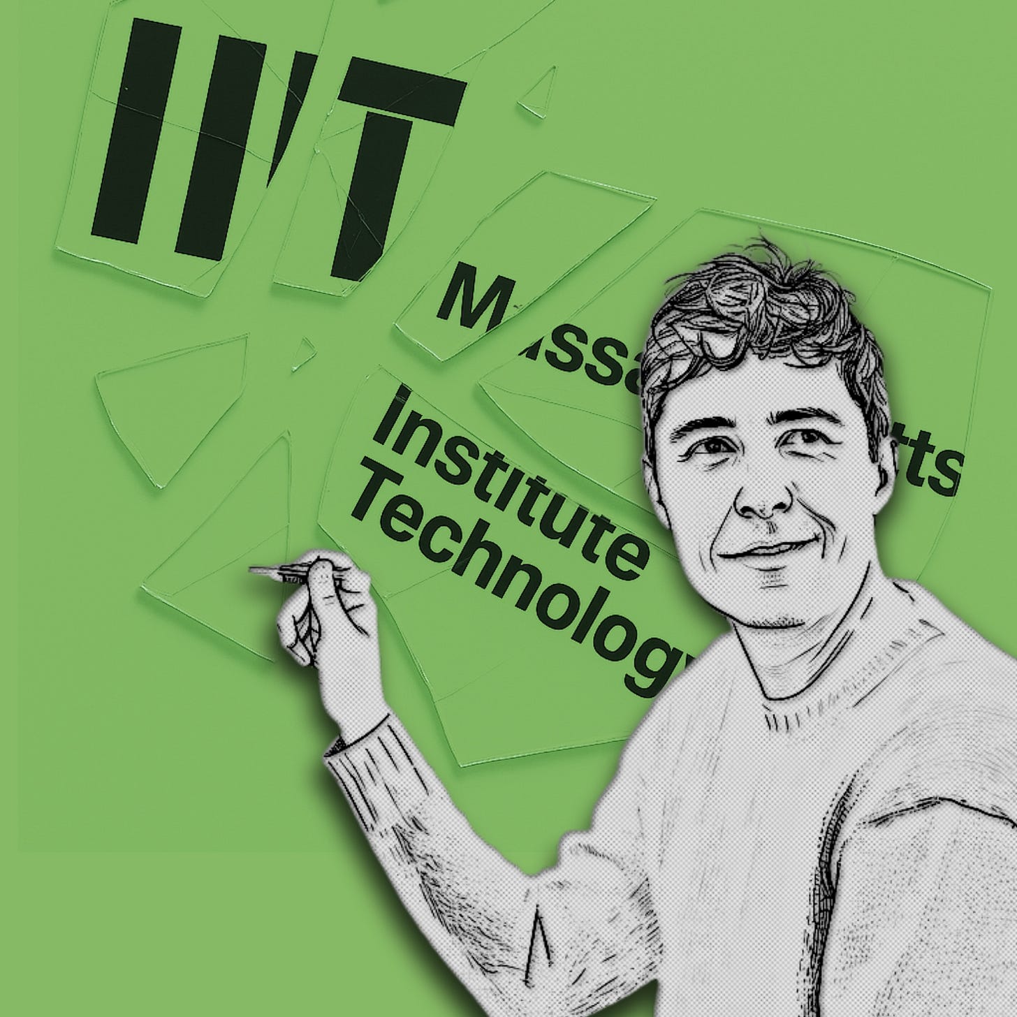 Illustration of a researcher and the image of MIT’s logo on shattered glass.