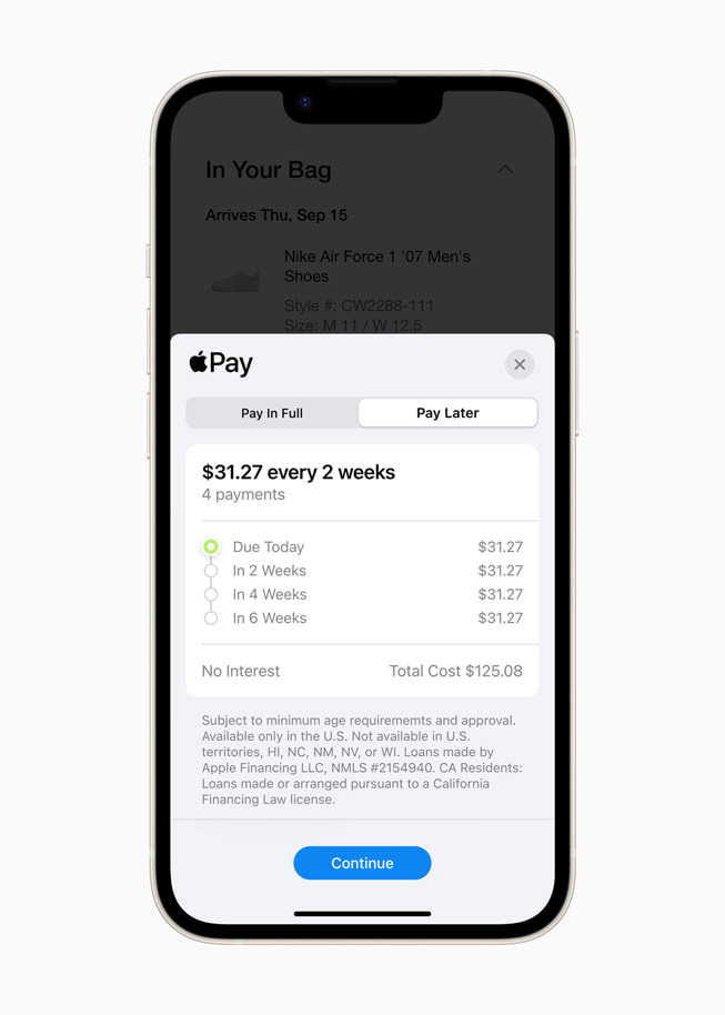 A user’s Apple Pay Later loan payments are shown in Wallet on iPhone 14.