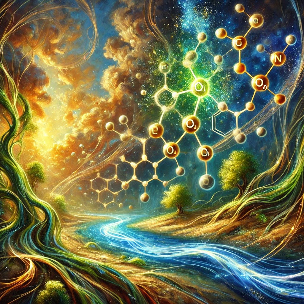 A dynamic and imaginative oil painting celebrating magnesium's role in life and health. The scene depicts an abstract fusion of nature and molecular energy: swirling patterns of vibrant green vines intertwined with shimmering golden threads, symbolizing vitality and growth. A serene blue river flows through the composition, connecting glowing molecular structures that float like constellations in a radiant sky. The painting transitions from lush earth tones at the bottom to ethereal light at the top, representing magnesium's grounding and uplifting qualities. The brushwork is dramatic and expressive, with bold textures and rich, luminous colors.