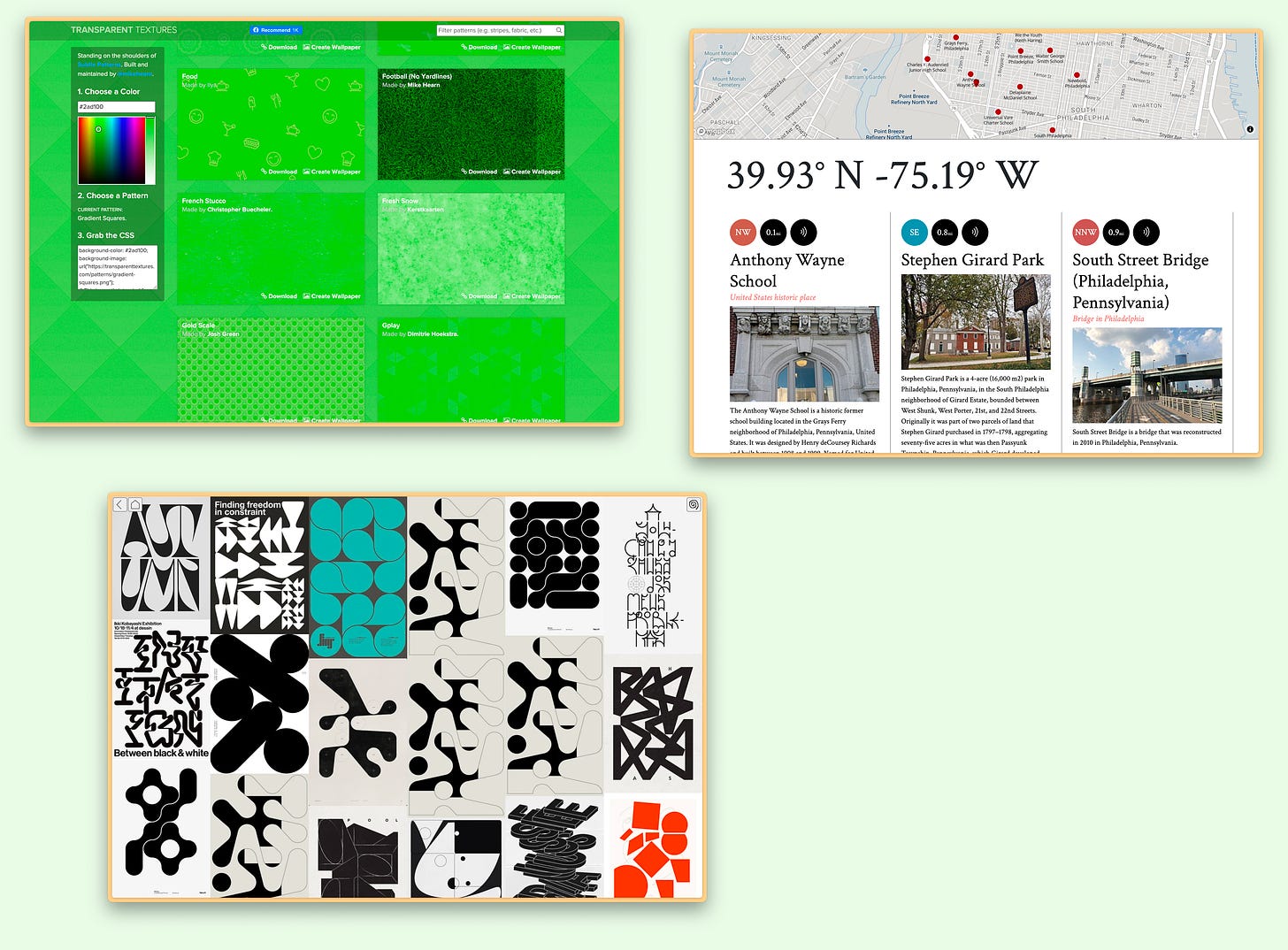 screenshots of a green webpage with different green textures, a map with a grid of landmarks around philadelphia, and a grid of images with various similar looking squiggle shapes
