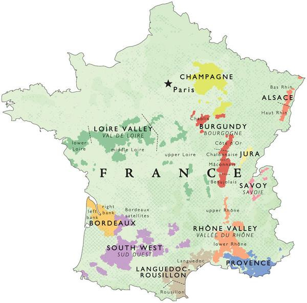 Outline of the main wine regions of France