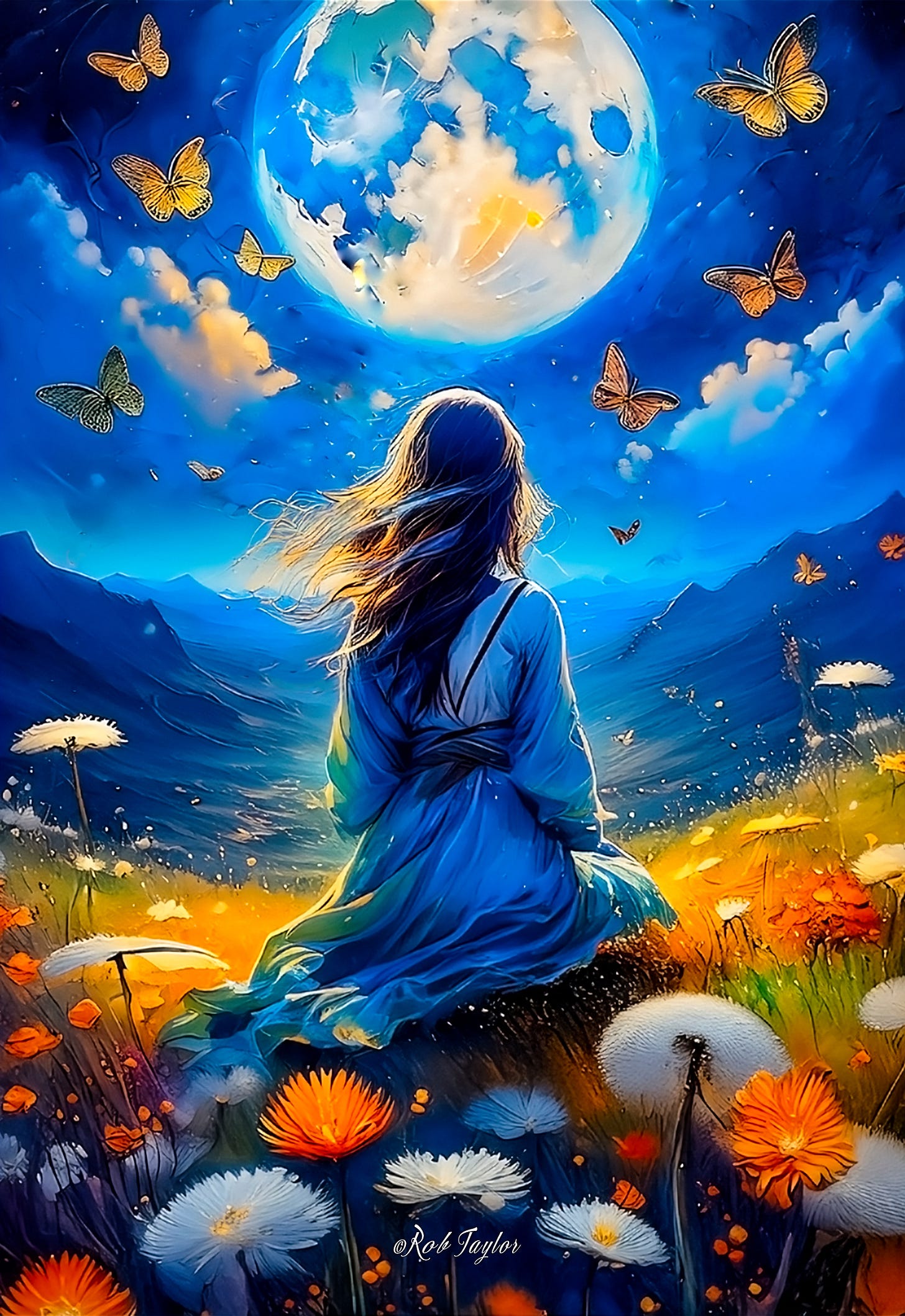 An illustration of a girl sitting in a field of flowers, butterflies overhead, and a bright moon resembling Earth—symbolizing inner work’s connection to nature and consciousness.