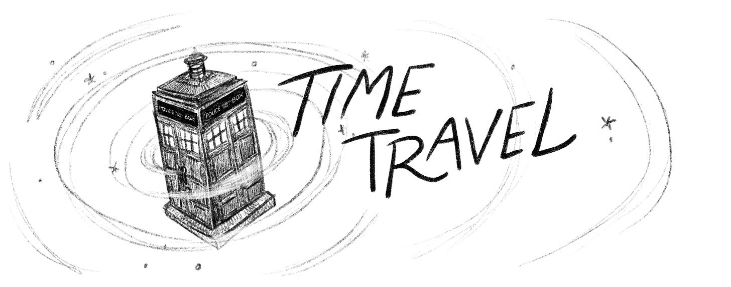 Time Travel header features an illustrated TARDIS, swirling lines, and stars.