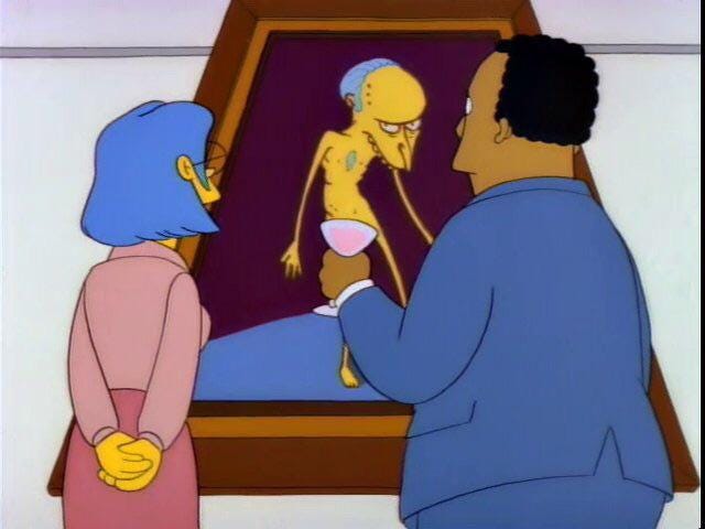 A screencap from the Simpsons featuring Miss Hoover (left) and Doctor Hibbert (right) looking at a nude painting of Mr Burns.