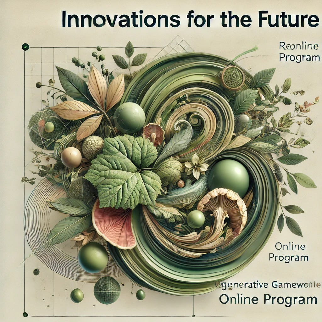 A visually appealing composition combining the original image with the text 'Innovations for the Future' exactly as it appears, integrated into a new design featuring 'Regenerative Gameworlds' and 'Online Program', but with a predominant green color palette. The design incorporates organic motifs such as leaves, flowing patterns, and earthy elements, symbolizing nature, regeneration, and collaboration. The original image remains unaltered and prominently displayed as a central element, with harmonious tones of green unifying the composition.