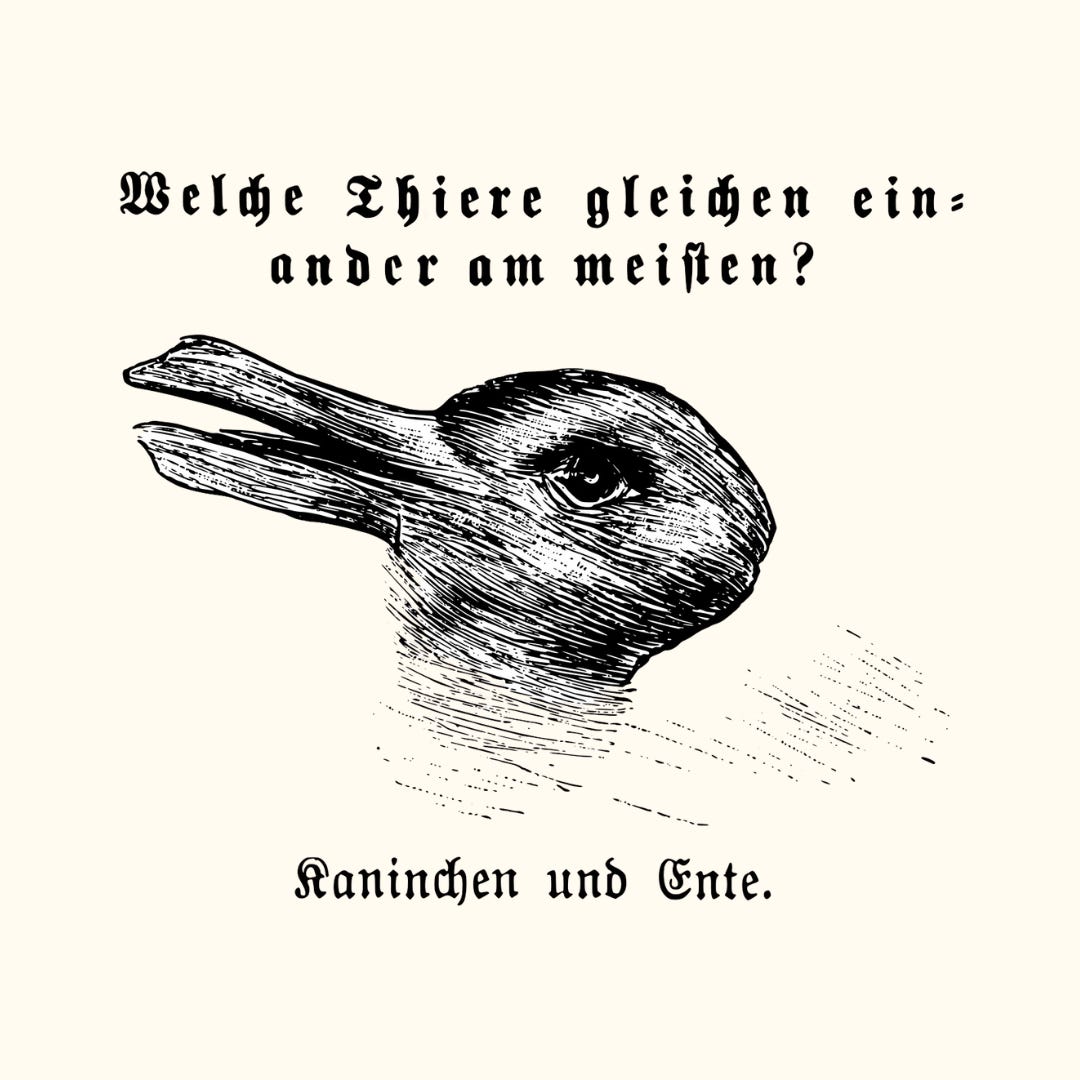 Cartaz com uma ilustração que pode ser vista tanto como coelho quanto como pato, com a inscrição em letras antigas alemãs: "Quais animais são mais parecidos entre si? Coelho e pato".