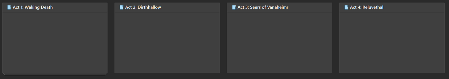 Act 1: Waking Death Act 2: Dirthhallow Act 3: Seers of Vanaheimr Act 4: Reluvthel