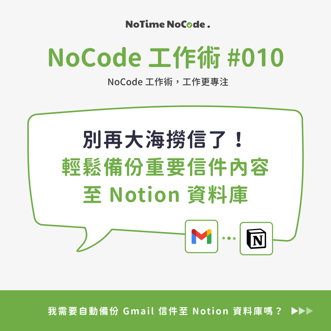 NoCode 工作術，自動化備份重要信件至 Notion 的貼文示意