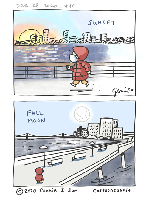 Comic illustration page of a sunset and full moon in New York City, by Connie Sun, cartoonconnie
