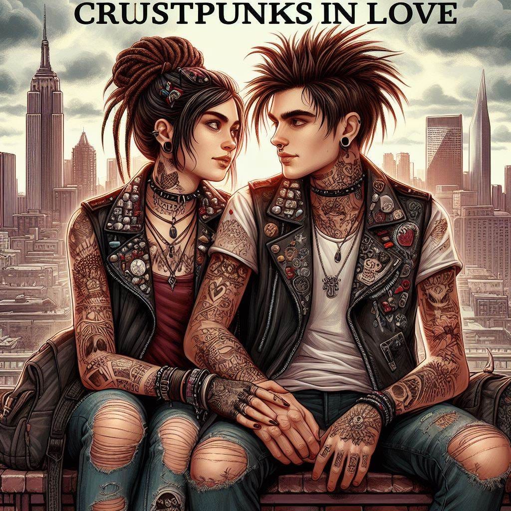 a cover for a romance novel about two crustpunks in love