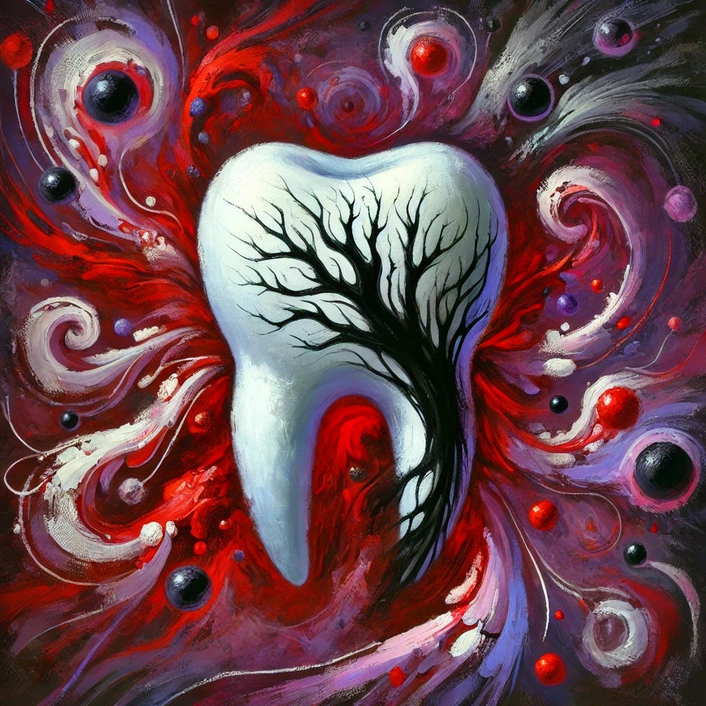 A symbolic representation of a tooth with dark, twisted roots spreading out, symbolizing the connection between oral health and systemic diseases. Surround the tooth with swirling, abstract shapes representing toxins and infection. Use a color palette of deep reds, purples, and blacks to convey a sense of inflammation and the impact of chronic oral infections. The style should be that of an expressive oil painting, with bold, dynamic brush strokes to emphasize the intensity and complexity of the subject.