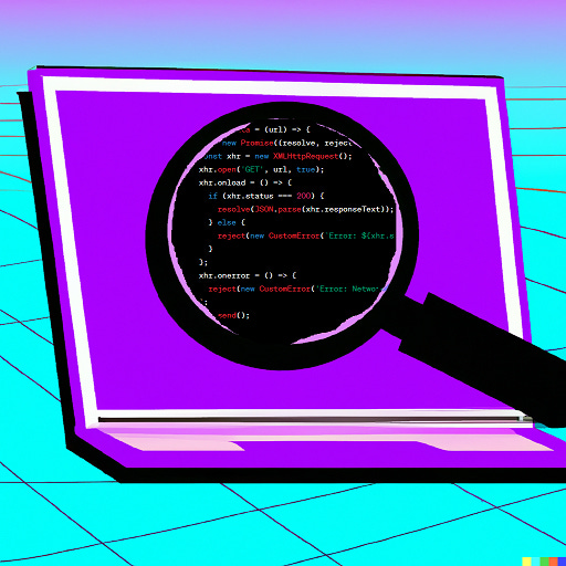 DALL-E image of a laptop with a magnifying glass showing code.