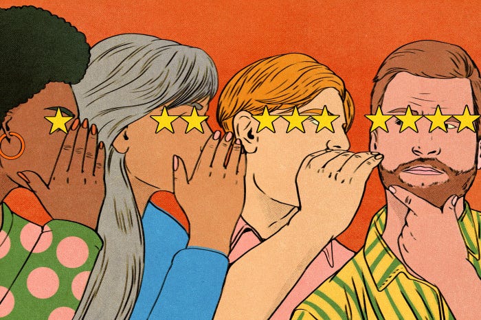 Illustration of four people whispering to each other, each with five stars over their eyes.