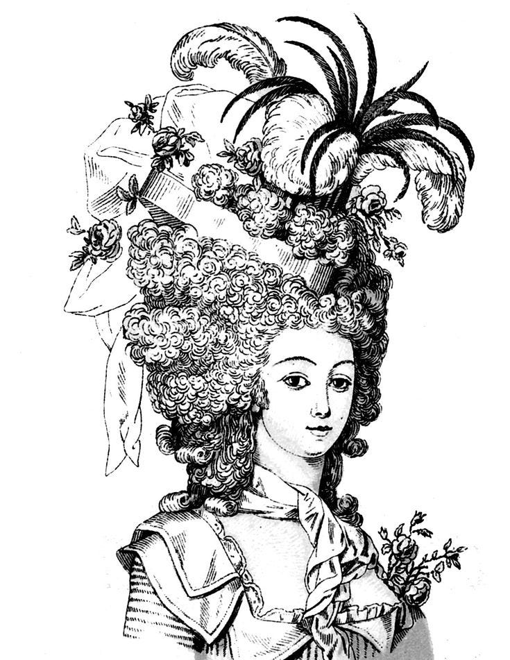 a drawing of a woman with flowers in her hair and an elaborate hat on her head
