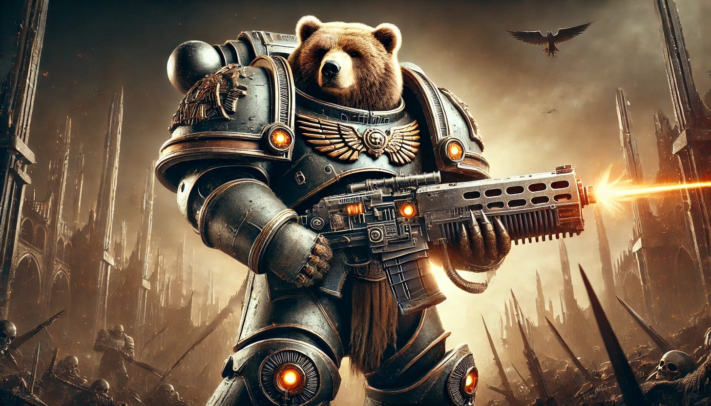 A massive Kodiak bear wearing futuristic power armor, designed with intricate details resembling a mix of medieval and sci-fi aesthetics, holding a bolter weapon inspired by Warhammer 40k. The bear's armor is metallic, with glowing energy cores and a rugged battle-worn look, set in a dramatic, high-contrast background with a war-torn battlefield. The scene is dynamic and imposing, emphasizing the bear's strength and the sci-fi fantasy theme. Aspect ratio 34:21.