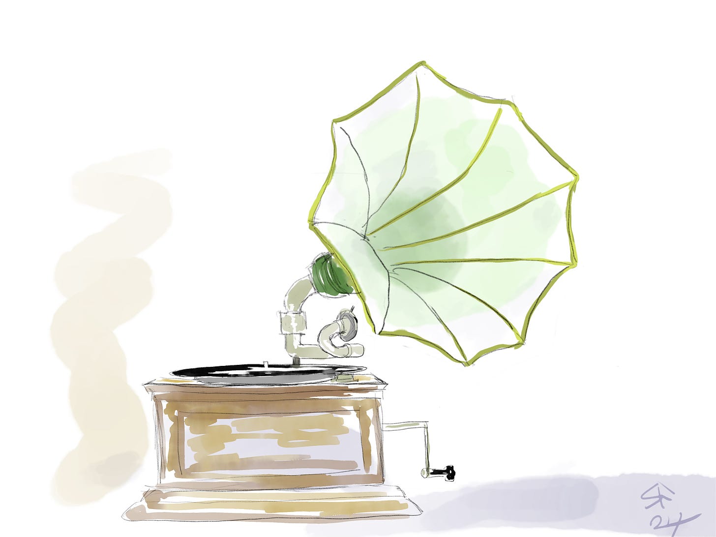 Pencil and wash sketch: antique wind-up gramophone with a large green trumpet in the shape of a flower head