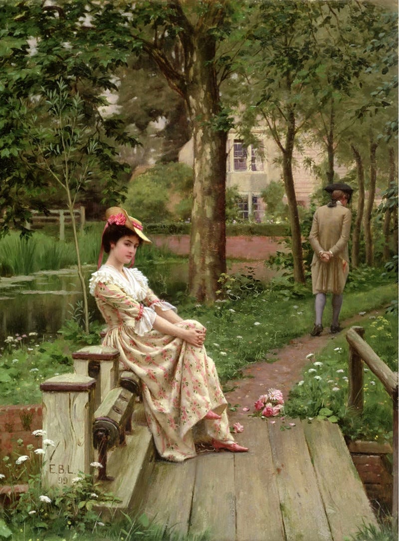 Regency painting of a woman sitting on a bench, while the man she was just with is walking away. 