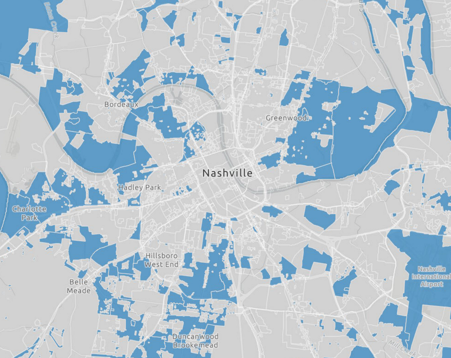 A map showing that duplex zoning is common in Nashville.