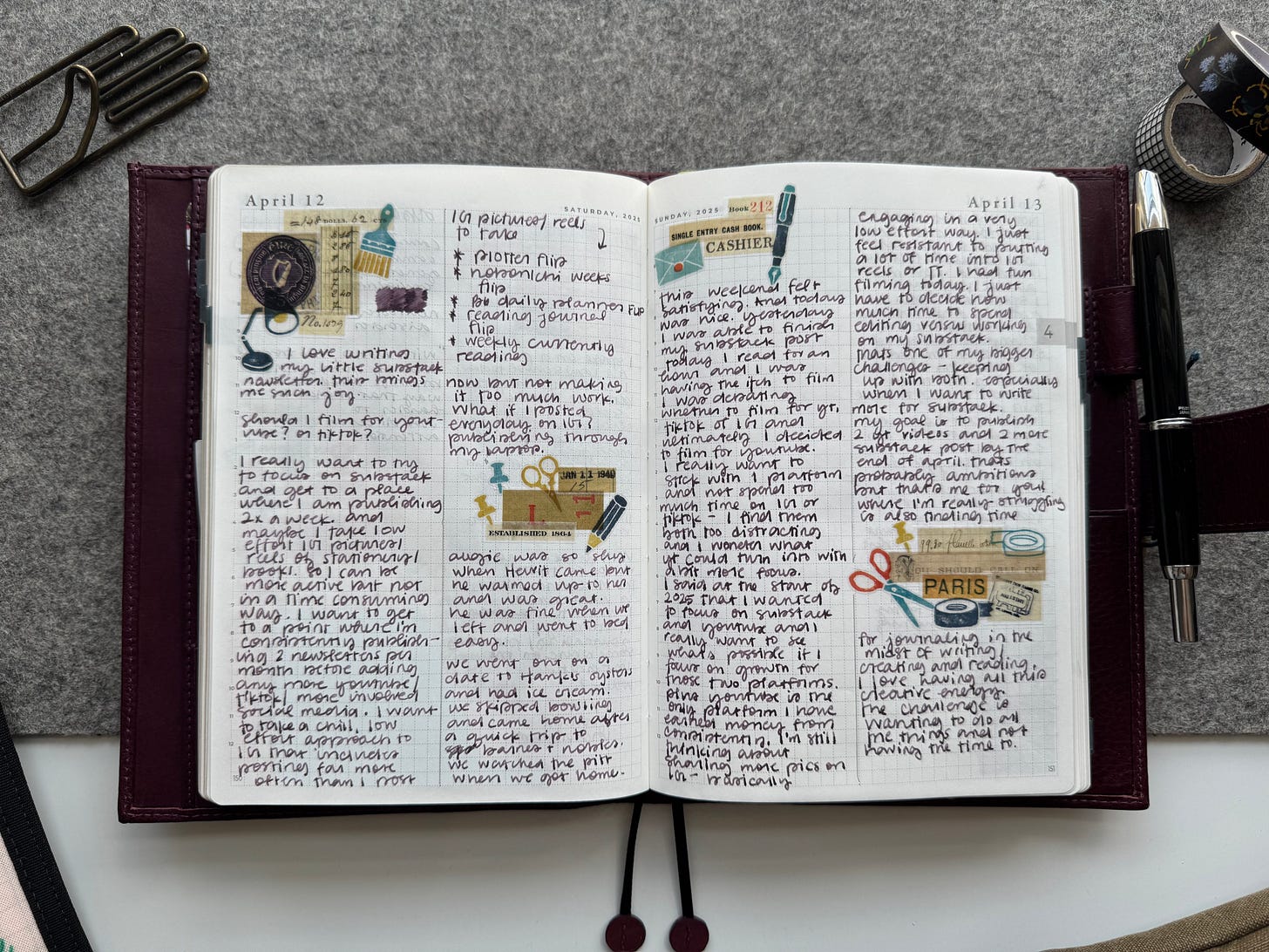 B6 Sterling Ink daily planner open to April 12 and April 13. Long-form daily journaling shown with some decorative stickers. 