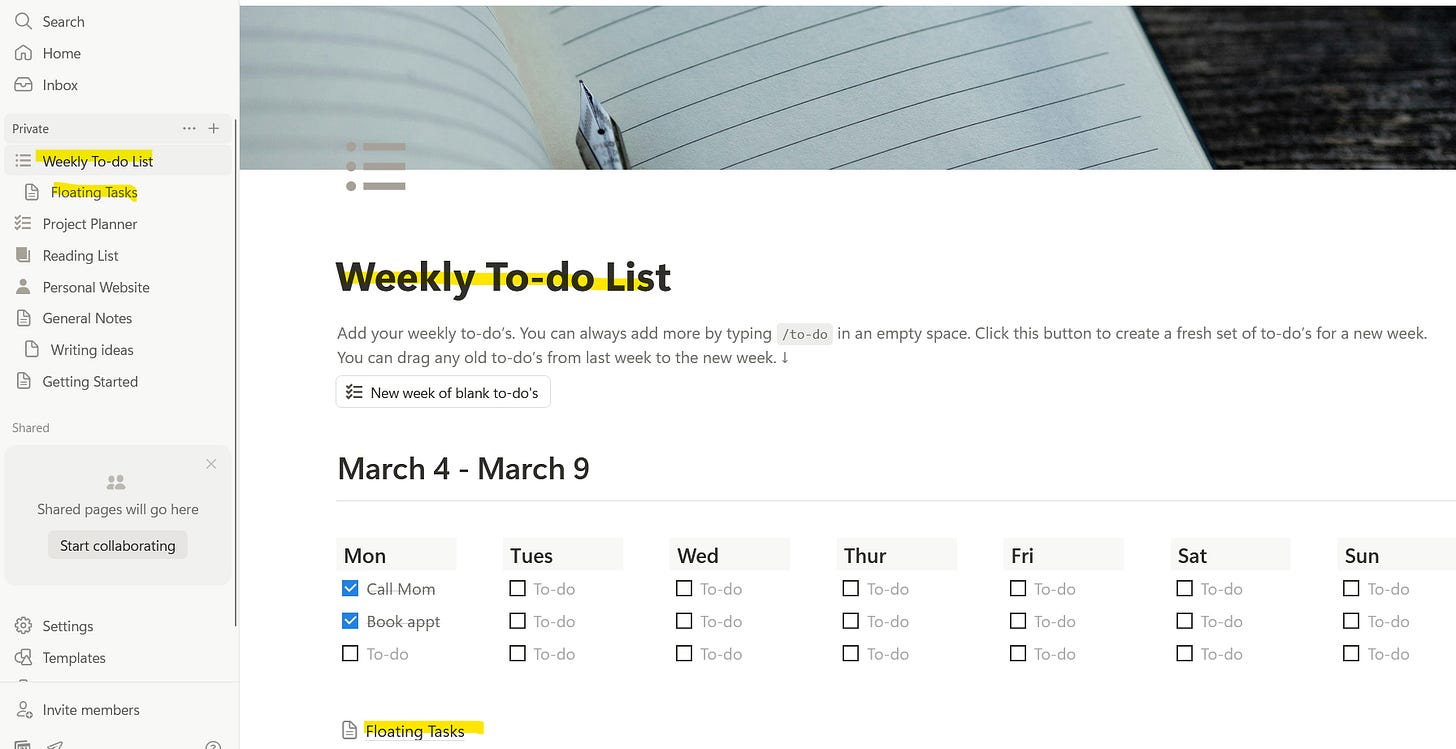 Notion's weekly to-do list with days and boxes to check off.