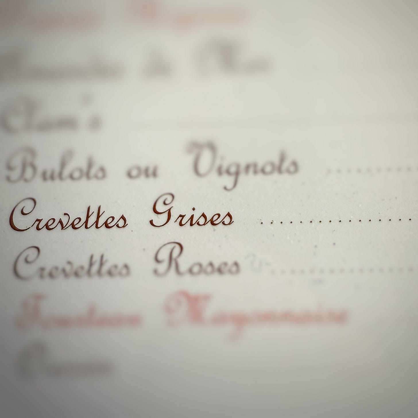 Line from a menu at Le Procope that reads "Crevettes Grises".