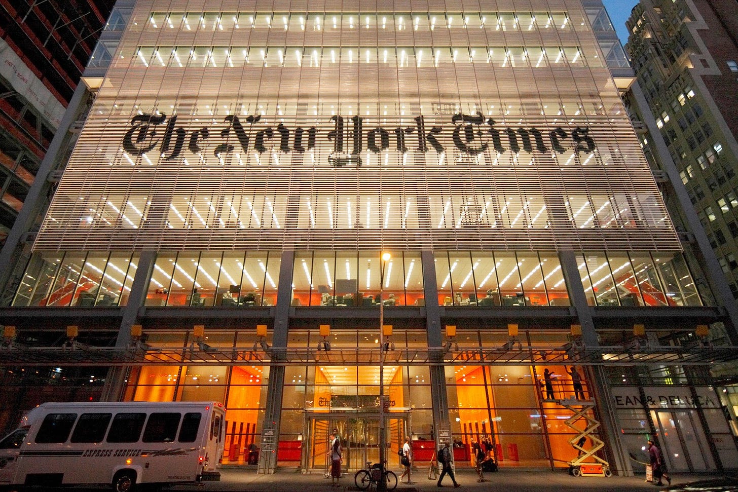 Exterior of The New York Times Building at night