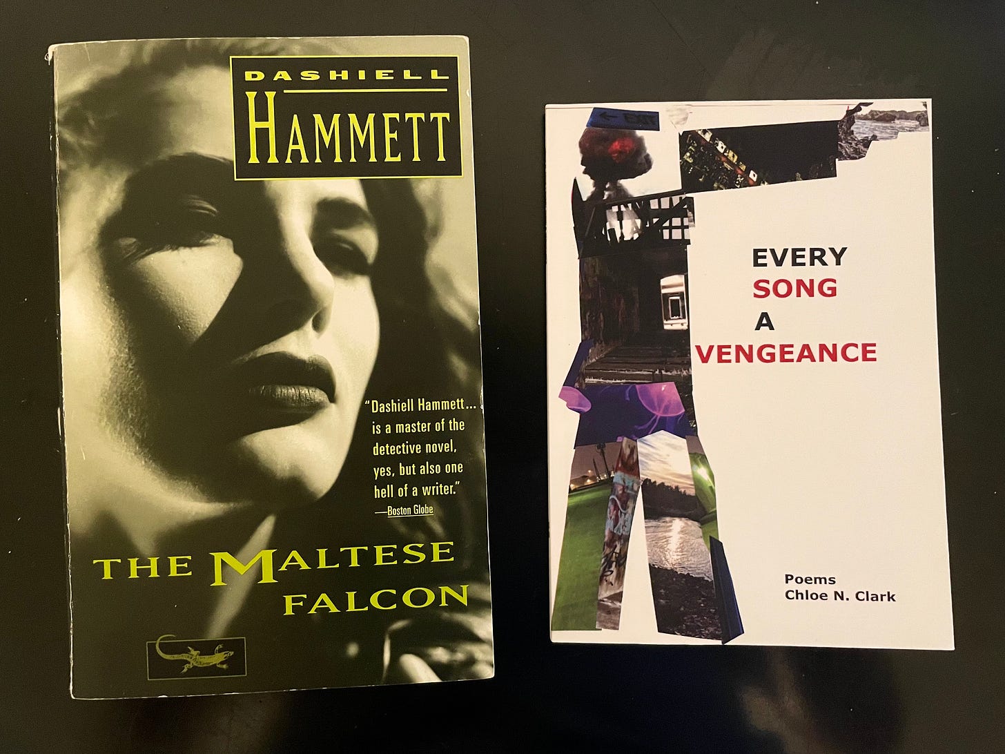 two books: 'The Maltese Falcon' by Dashiell Hammett and 'Every Song A Vengeance' by Chloe N. Clark