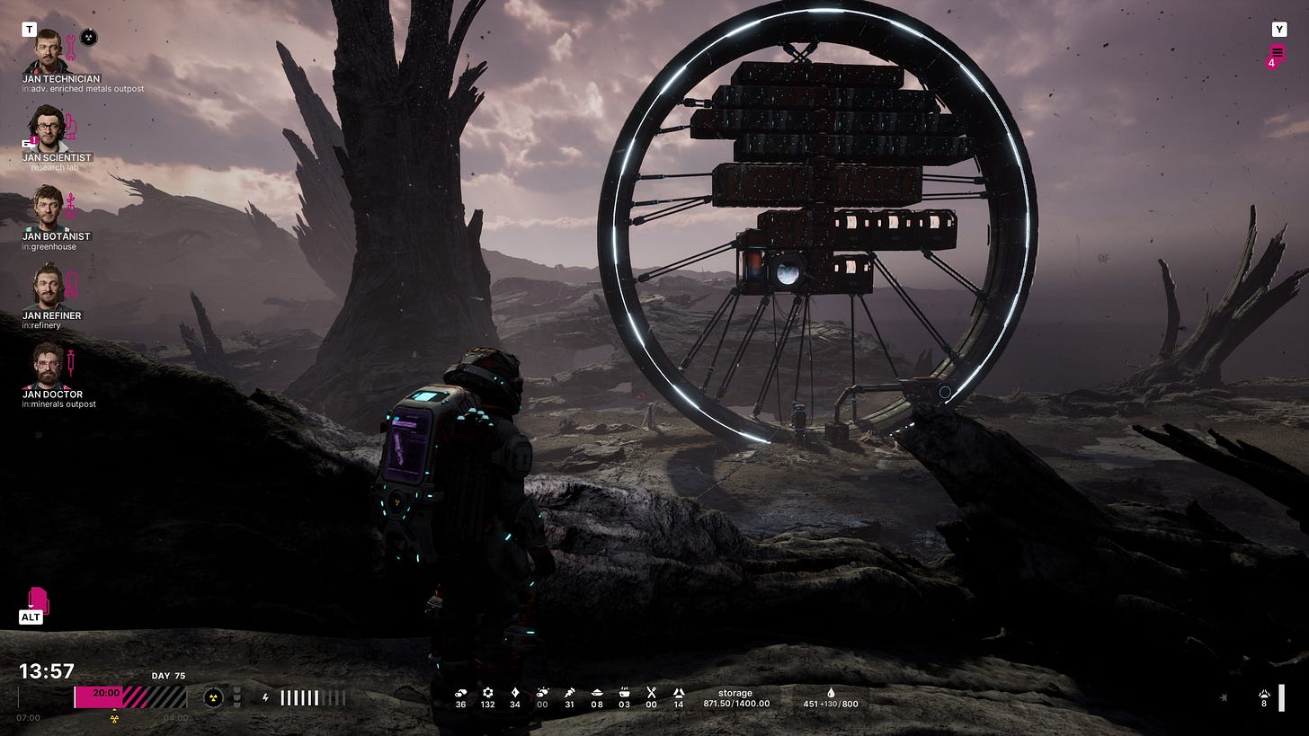 A screenshot of The Alters, showing the player character outside close to some tree-shaped rocks as the wheel with the modular base stands in the distance against a stunning evening horizon.
