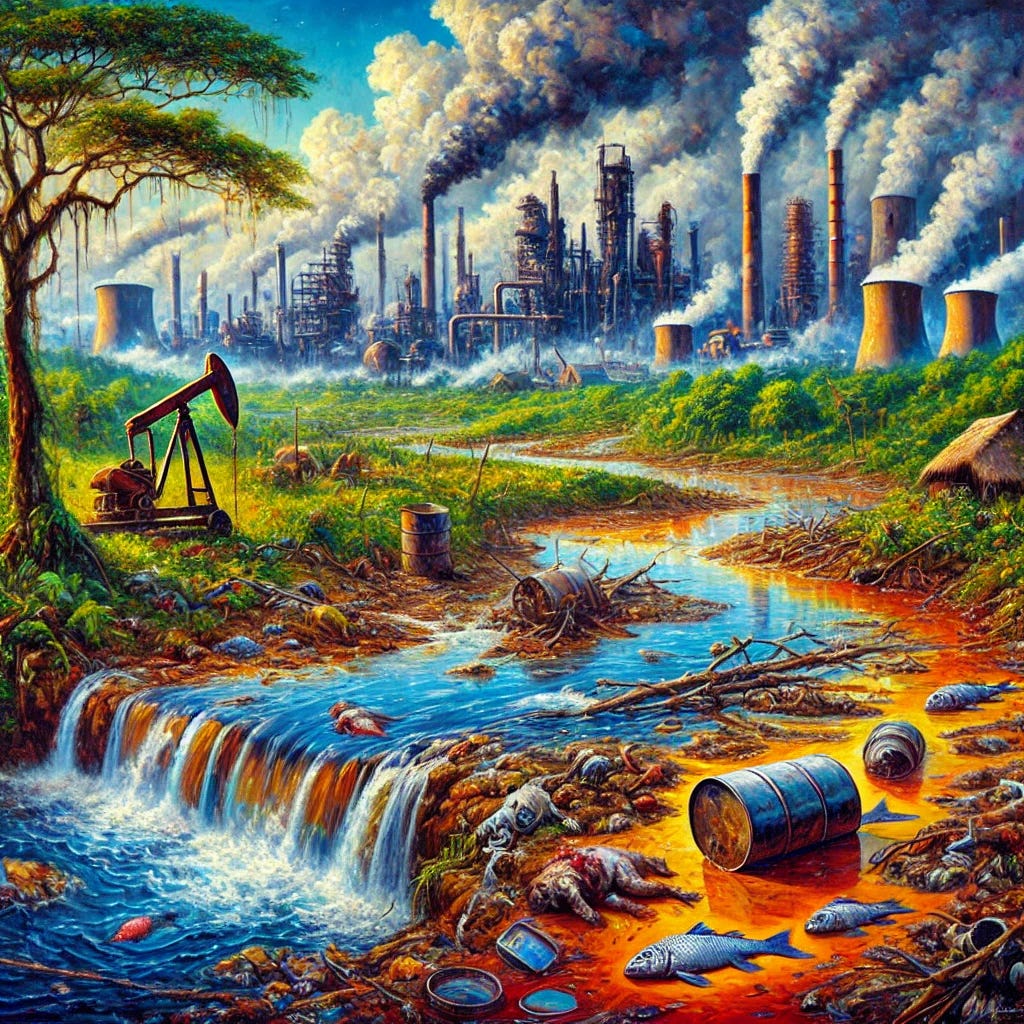 A vibrant oil painting inspired by the themes of industrial pollution, chemical toxicity, and environmental degradation in Africa. The landscape depicts a rich, lush African scene marred by signs of human interference, such as oil spills, polluted water sources, and desolate mining areas. The foreground features a poisoned river with dead fish, while distant industrial structures loom under a thick, hazy sky. Expressive brushstrokes and bold, contrasting colors convey the tension between nature’s beauty and industrial devastation.