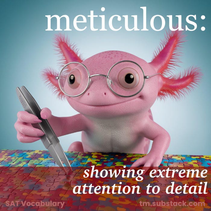 Illustration of a cute axolotl carefully assembling a puzzle; used to illustrate the SAT word 'meticulous'.