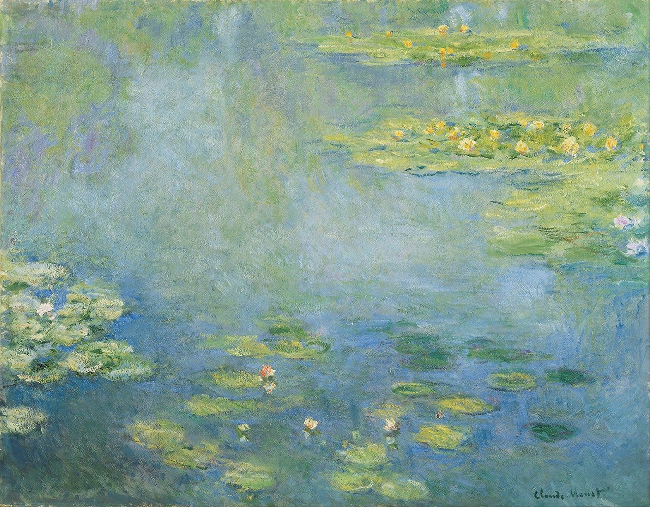 Oil painting. At this triptych's center, lilies bloom in a luminous pool of green and blue that is frothed with lavender-tinged reflections of clouds. Thick strokes in darker shades seep into the left panel, while on the right, sky and water are gently swallowed by an expanse of reddish-green vegetation.