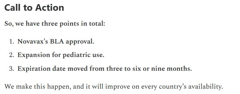 Call to Action  So, we have three points in total:      Novavax’s BLA approval.      Expansion for pediatric use.      Expiration date moved from three to six or nine months.