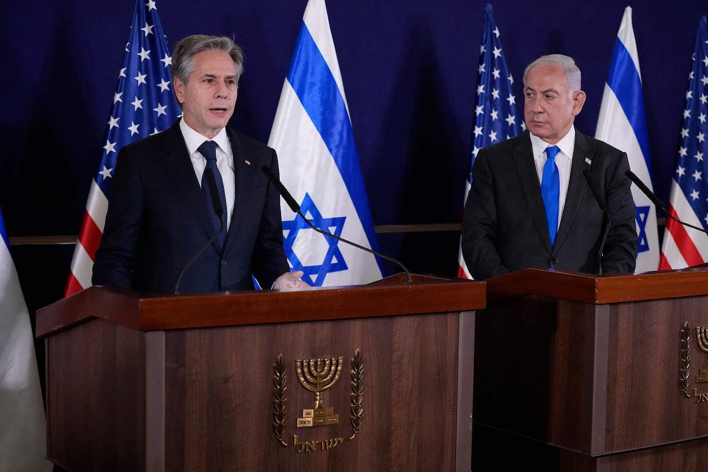 Israeli Prime Minister Benjamin Netanyahu and U.S. Secretary of State Antony Blinken speak to the media in Tel Aviv, Israel.