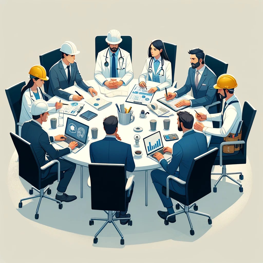 Create an image depicting a round table conference scene without any text. The table should have six chairs, each occupied by a professional representing their field: a doctor wearing a white coat and stethoscope, an engineer with a hard hat and blueprint, a business owner in a suit, an investor reviewing financial documents, a lawyer with legal briefs, and a carpenter with a tool belt. They should be engaged in discussion, with items on the table that reflect their professions, like a laptop, calculator, or legal pad. The setting should be neutral, focused on the group collaboration.