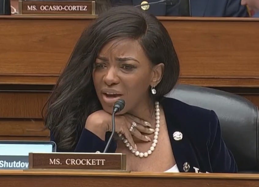 Rep. Jasmine Crockett, a very skeptical expression on her face, fingerrs to her throat in mock surprise