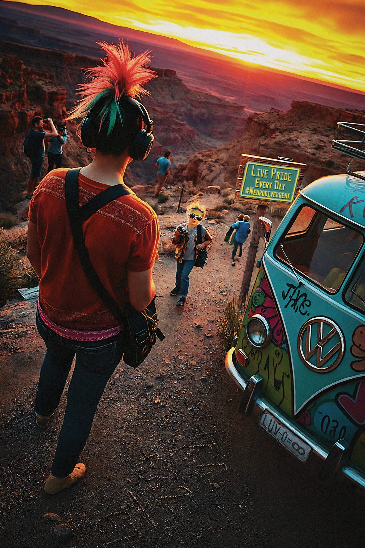 Desert canyon at sunset, person with red-green mohawk and headphones in foreground. Others hike trail ahead past wooden sign reading "Live Pride Every Day #Neurodivergent". Painted VW bus in turquoise with peace symbol parked at trail edge. Golden hour lighting bathes scene in warm oranges. Composition suggests journey into authentic self-expression and finding community in unexpected places.