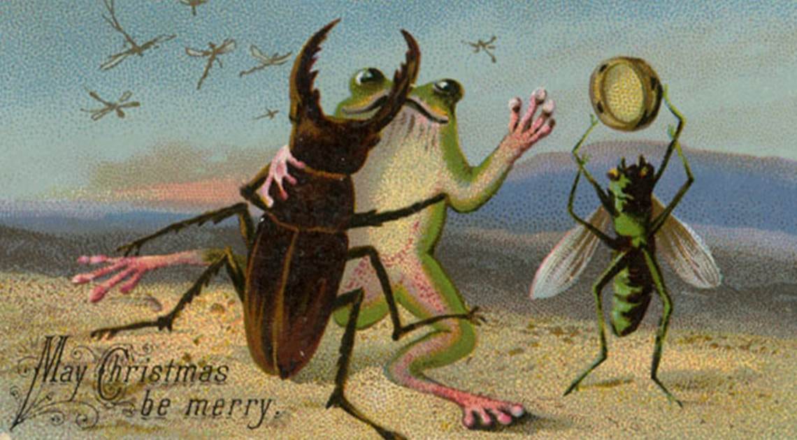 A victorian postcard featuring an illustration of a beetle dancing with a frog. The greeting May Christmas Be Merry is written in the lower right-hand corner.