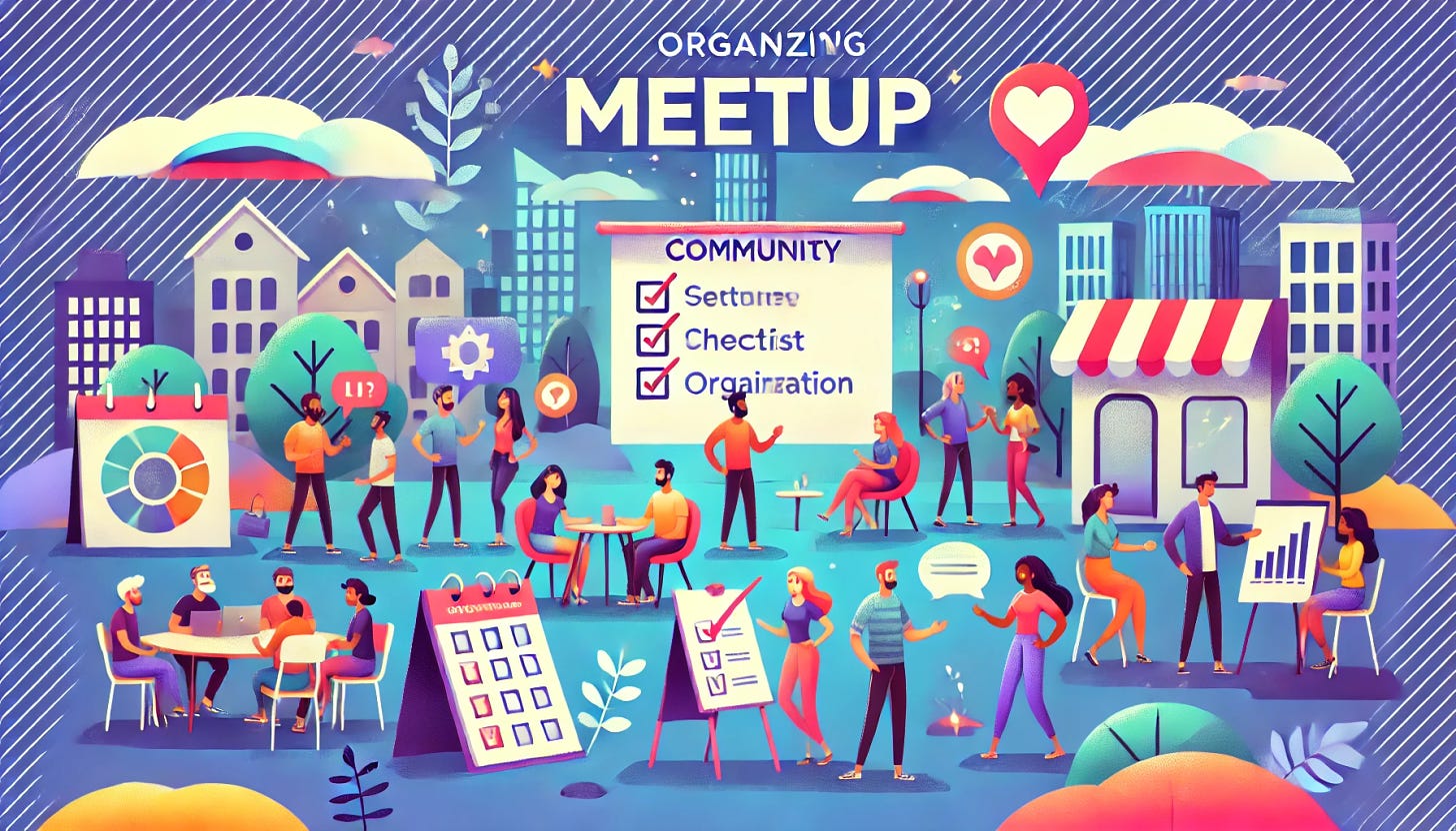 A vibrant, engaging landscape graphic header for a blog post about organizing community meetups. The scene includes diverse people gathering, some setting up a venue with chairs and a projector, others engaging in discussions. The background shows a welcoming environment with banners and signs indicating a meetup. Elements like a calendar, checklist, and a speech bubble with a heart symbol represent planning, organization, and community. Colors are bright and inviting, with a friendly and dynamic atmosphere.