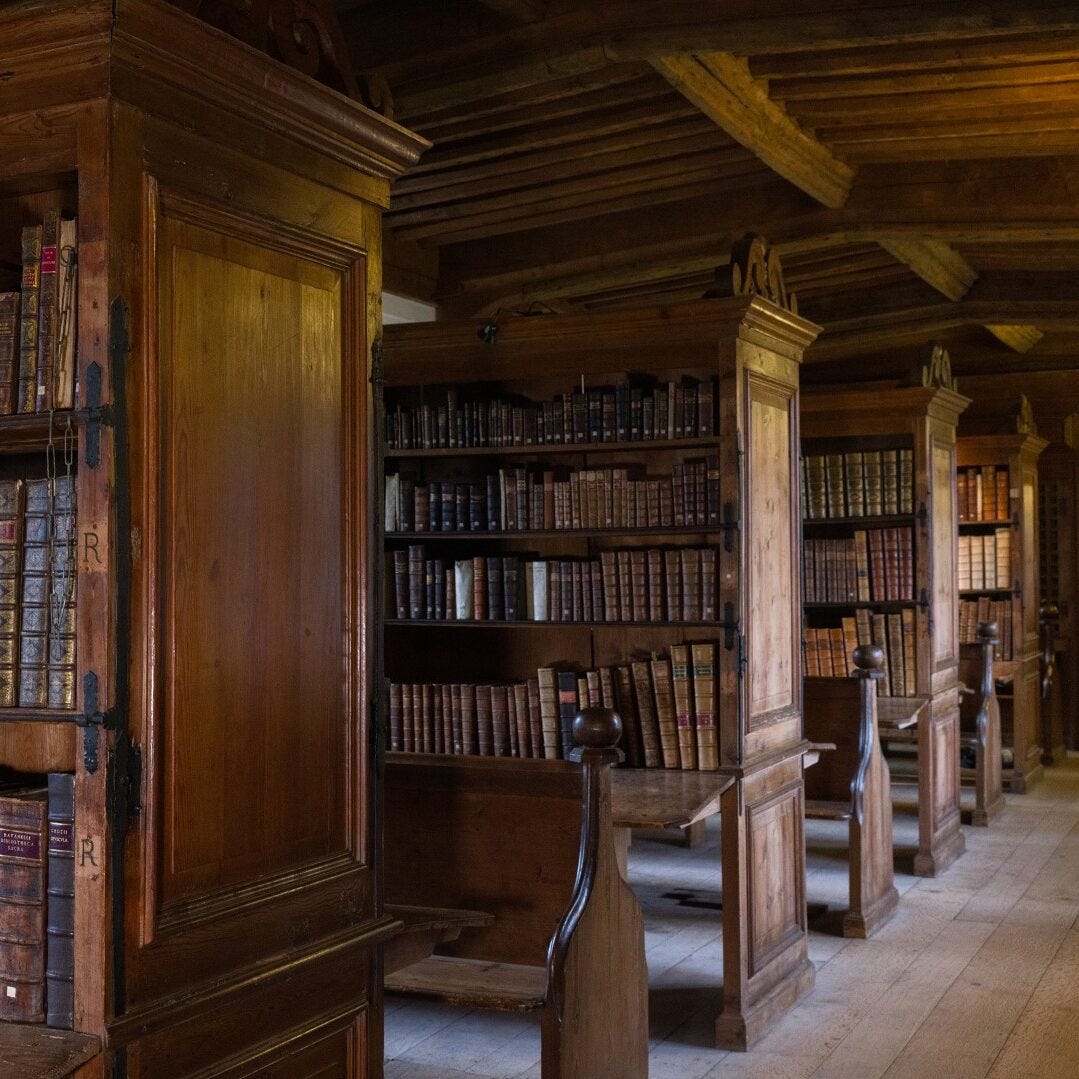 “Wells Cathedral’s Chained Library was built over the East Cloister following instructions in the will of Bishop Bubwith who died in 1424. It was the largest medieval library in England when it opened in the 1450s. It is one of only four such chained libraries in the country.” Caption and photo from Wells Cathedral.