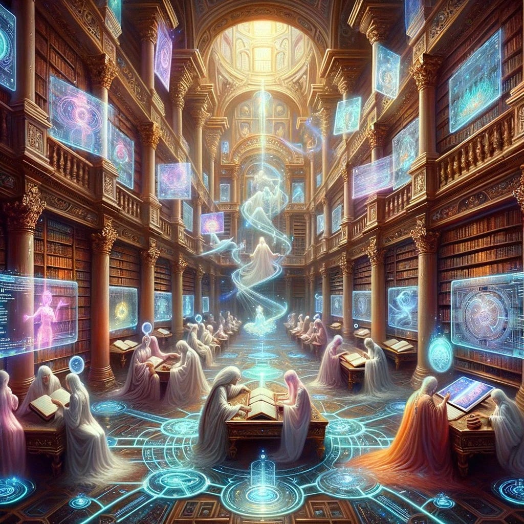 Baroque-style oil painting with cyberpunk hues. In a majestic library, Promethean Spirits of various descents and genders are engrossed in reading scrolls and accessing futuristic holographic screens. These scrolls and screens detail different quests and their requirements. Surrounding each spirit are ethereal images representing their aspirations, while luminous pathways on the floor connect them, indicating collective circumstances. The environment is a blend of ornate Baroque bookshelves and cybernetic technology.