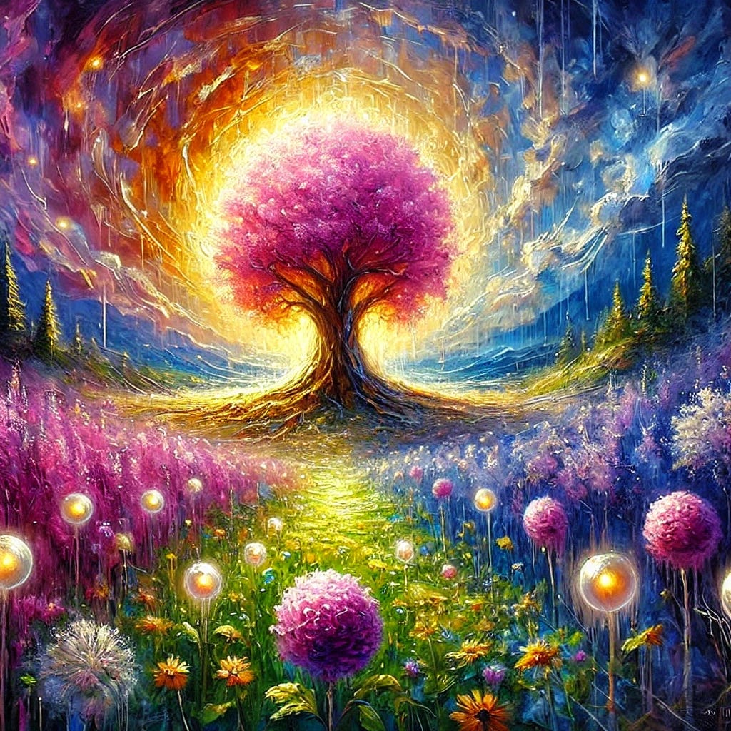 An impressionist oil painting symbolizing cancer and healing, with bold and expressive brushstrokes. The scene features a vibrant natural setting: a glowing meadow with wildflowers in shades of pink, purple, and yellow, representing growth and renewal. At the center, a large, radiant tree with deep roots symbolizes strength and resilience. Surrounding the tree are softly glowing orbs of light, symbolizing hope and healing energy. In the background, a dramatic sky with swirling hues of blue, orange, and pink transitions from stormy clouds to a clear, bright horizon, representing the journey from illness to recovery. The painting uses rich, textured layers of color to evoke an emotional and transformative mood.