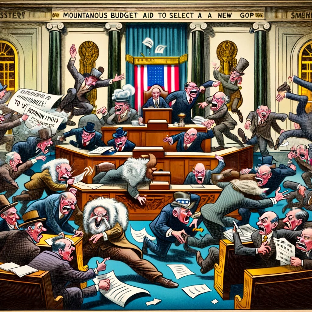 Recreate the original 1930s-style cartoon illustration, reflecting the previous style more closely but without any text at the bottom. The cartoon should depict the mid-December scene of tragicomic budget battles and fights to select a new Speaker, with the mountainous-Trumpist faction of the GOP opposing military aid to Ukraine and threatening to disrupt the negotiations. Include caricatured politicians in a 1930s style, engaging in exaggerated and humorous actions, a mountainous figure representing the faction, and a symbolic representation of military aid to Ukraine. The setting should be a chaotic legislative chamber with papers flying and characters arguing animatedly, but ensure no text is present at the bottom of the image.