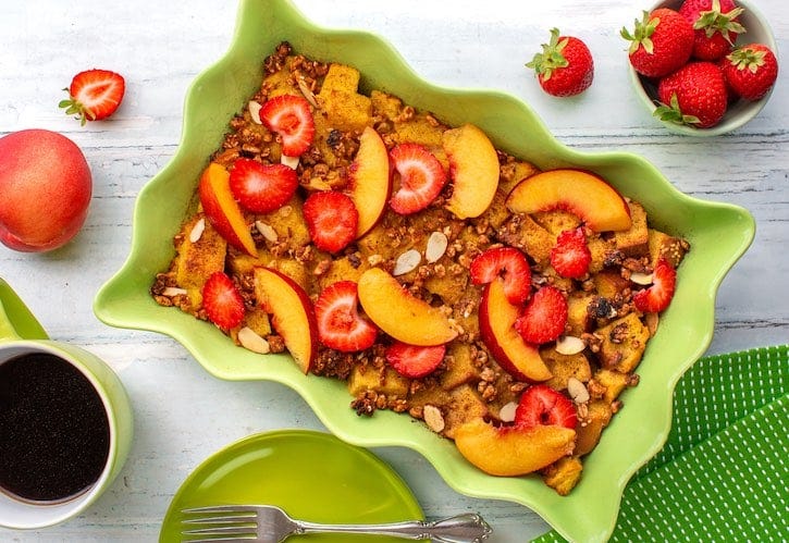 Vegan French toast casserole with fresh fruit