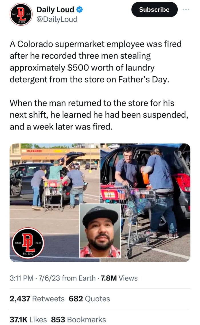 Puzzling isn't it ?? Why would you fire an employee who reported a theft ?? My question is was that laundry detergent or was that something else?? Drugs ? 